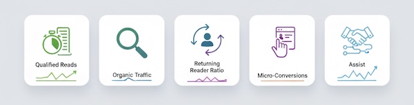 Icon tiles for five blog KPIs with small sparklines