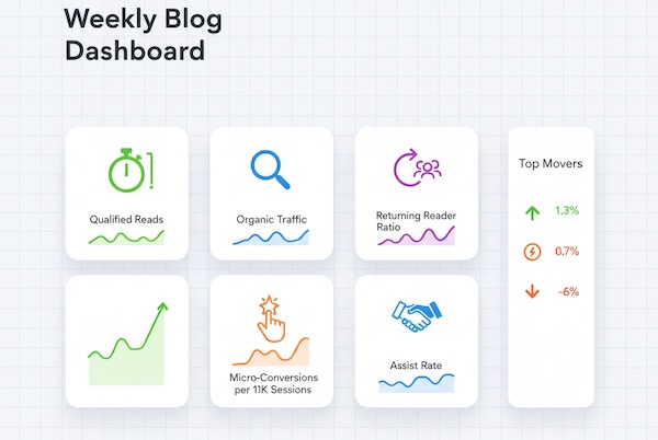 Minimal weekly blog dashboard cards with tiny charts and a Top Movers panel