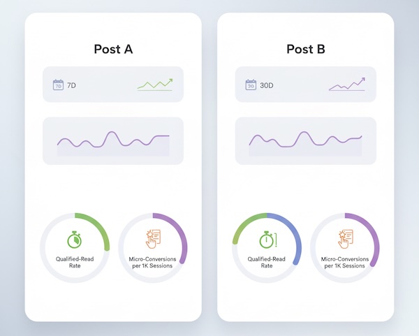 Two-column visual comparing posts at day 7 and day 30 with normalized KPI gauges
