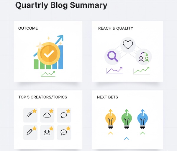 Executive summary slide with four icon blocks for outcomes, reach/quality, top items, and next bets