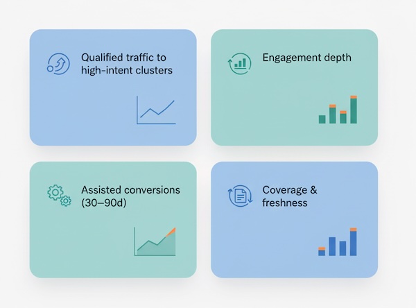 KPI dashboard summarizing qualified traffic, engagement depth, assisted conversions, and coverage/freshness