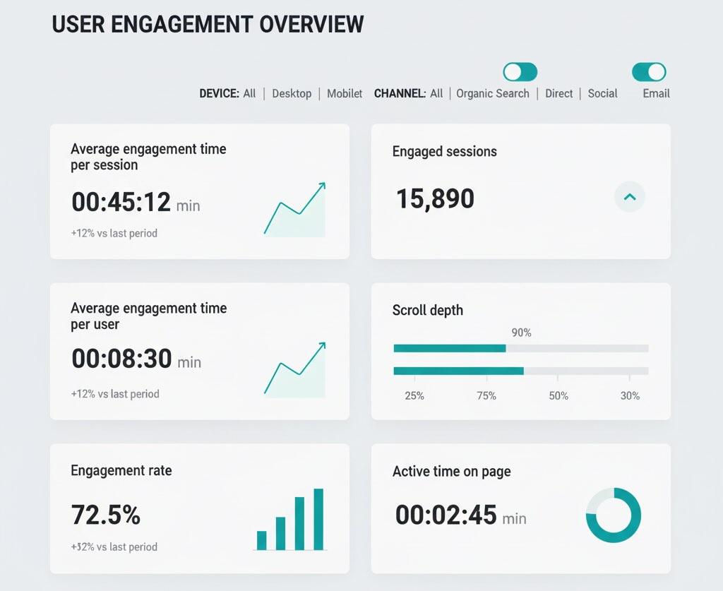 Neutral dashboard cards for engagement time, engagement rate, scroll depth, and active time