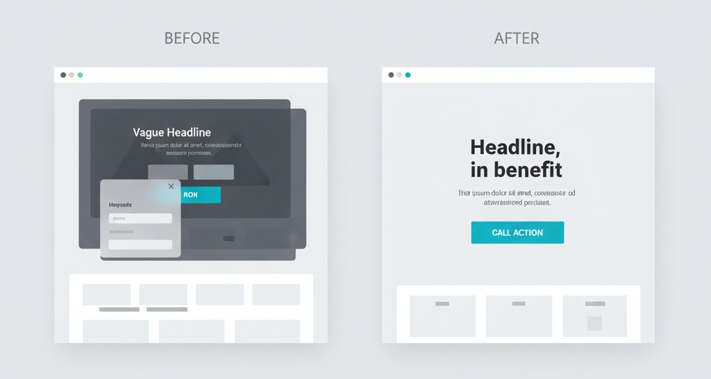 Cluttered fold vs simplified fold with clear headline and single CTA.