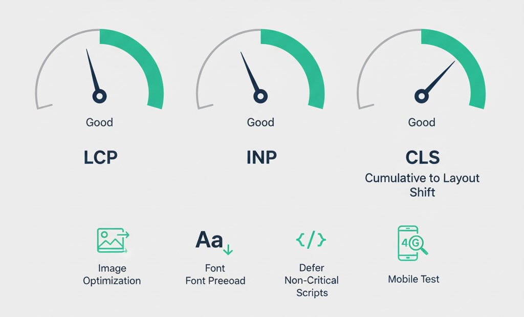 LCP, INP, CLS gauges with optimization cues and mobile testing hint