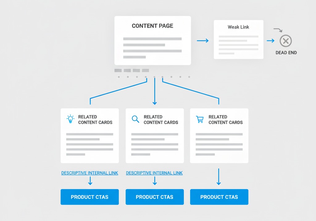 Flow from an article to relevant next steps with breadcrumbs and related links; dead-end contrasted