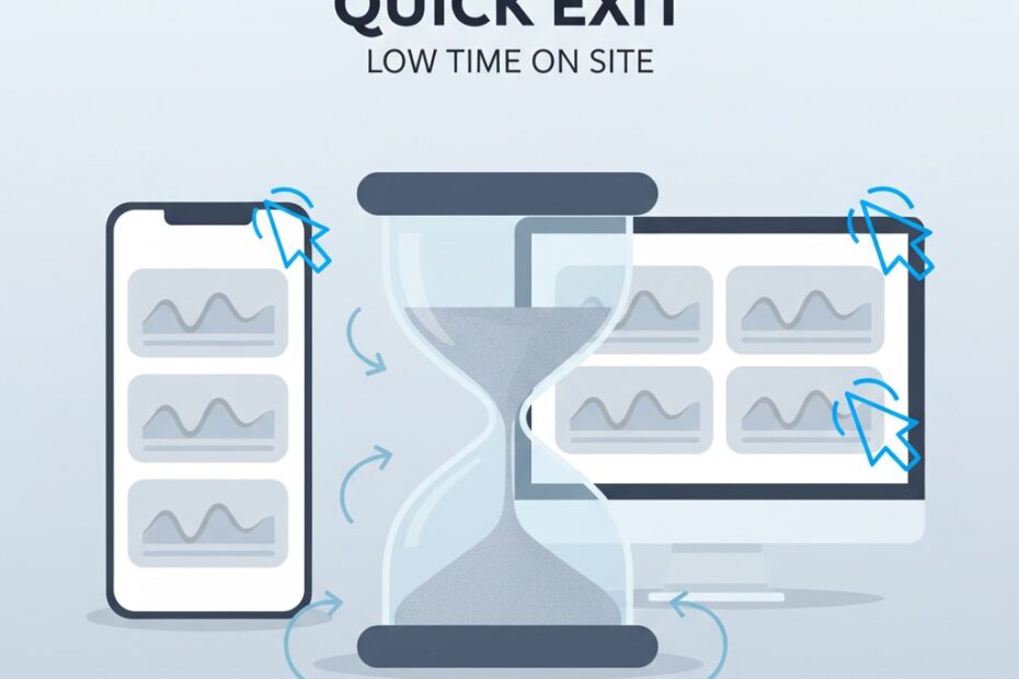 Timer with bounce arrows next to neutral mobile/desktop analytics screens