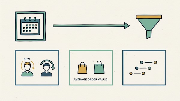 Timeline lookback window with cohorts by new/returning, AOV, and path length