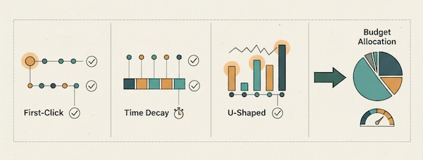 Five model glyphs feeding into a budget pie and pilot test gauge