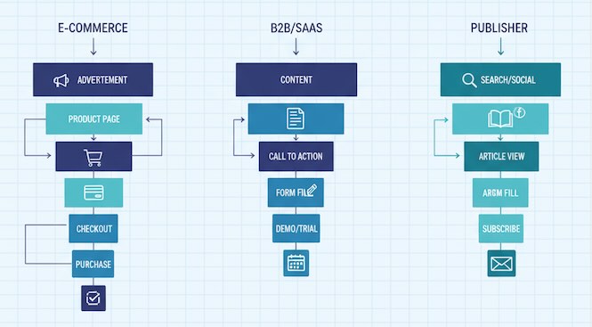 Three funnel shapes: ecommerce, SaaS, publisher