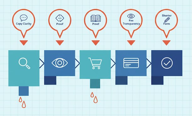 Funnel leaks highlighted at step transitions