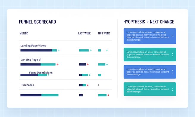 Weekly funnel scorecard with hypothesis and next change