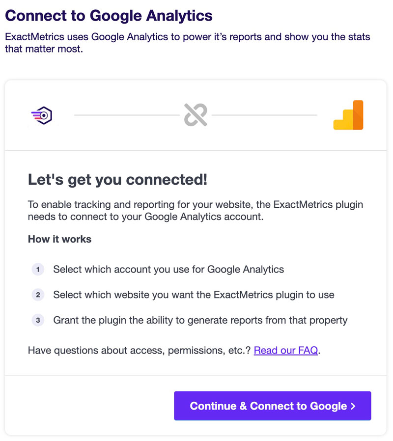 ExactMetrics screen prompting Google connection 