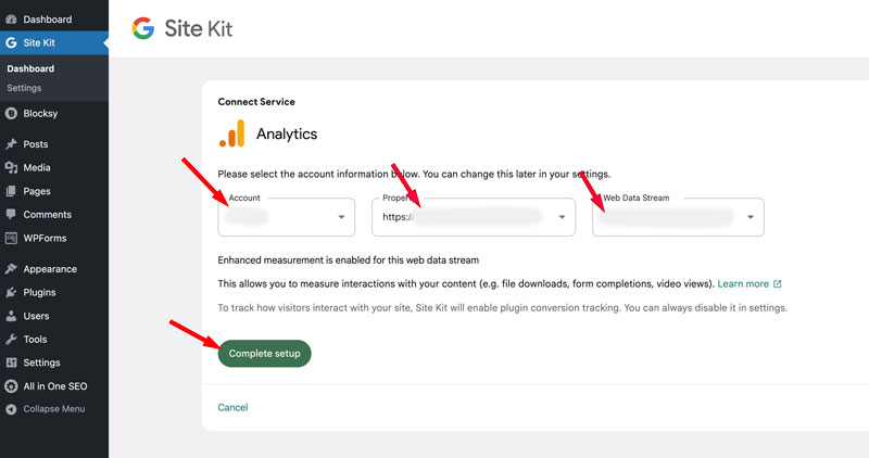 The panel where you choose the GA4 property and Web data stream.