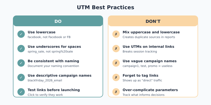 UTM best practices: do use lowercase, underscores, consistent naming; don't use internal links, vague names