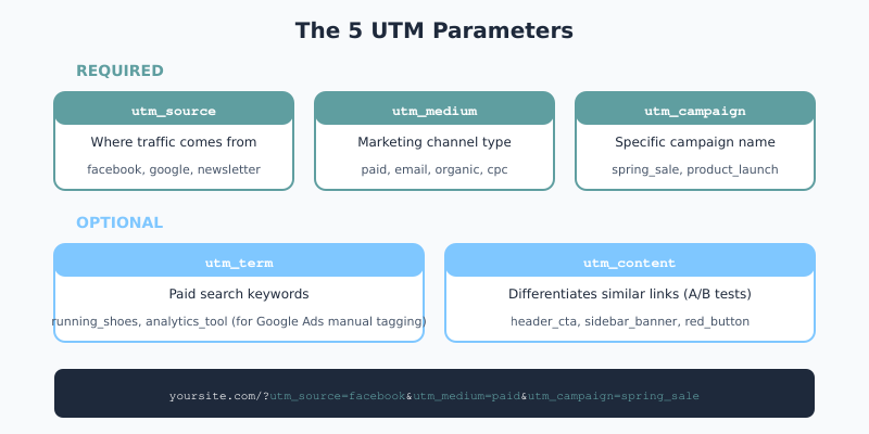 The 5 UTM parameters: utm_source, utm_medium, utm_campaign (required) and utm_term, utm_content (optional)