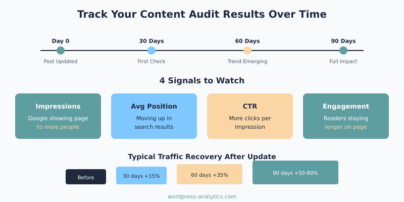 Content audit analytics tracking dashboard showing post update results over time