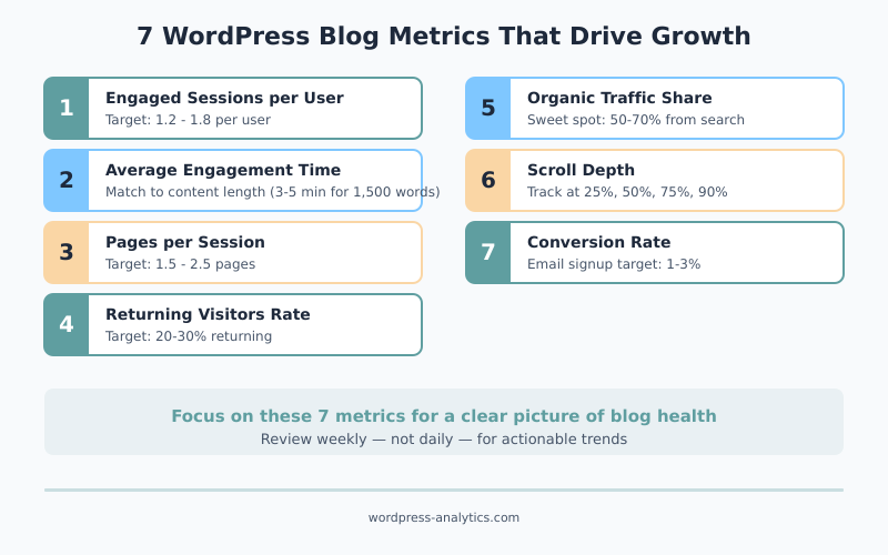 WordPress blog metrics dashboard showing seven key growth metrics