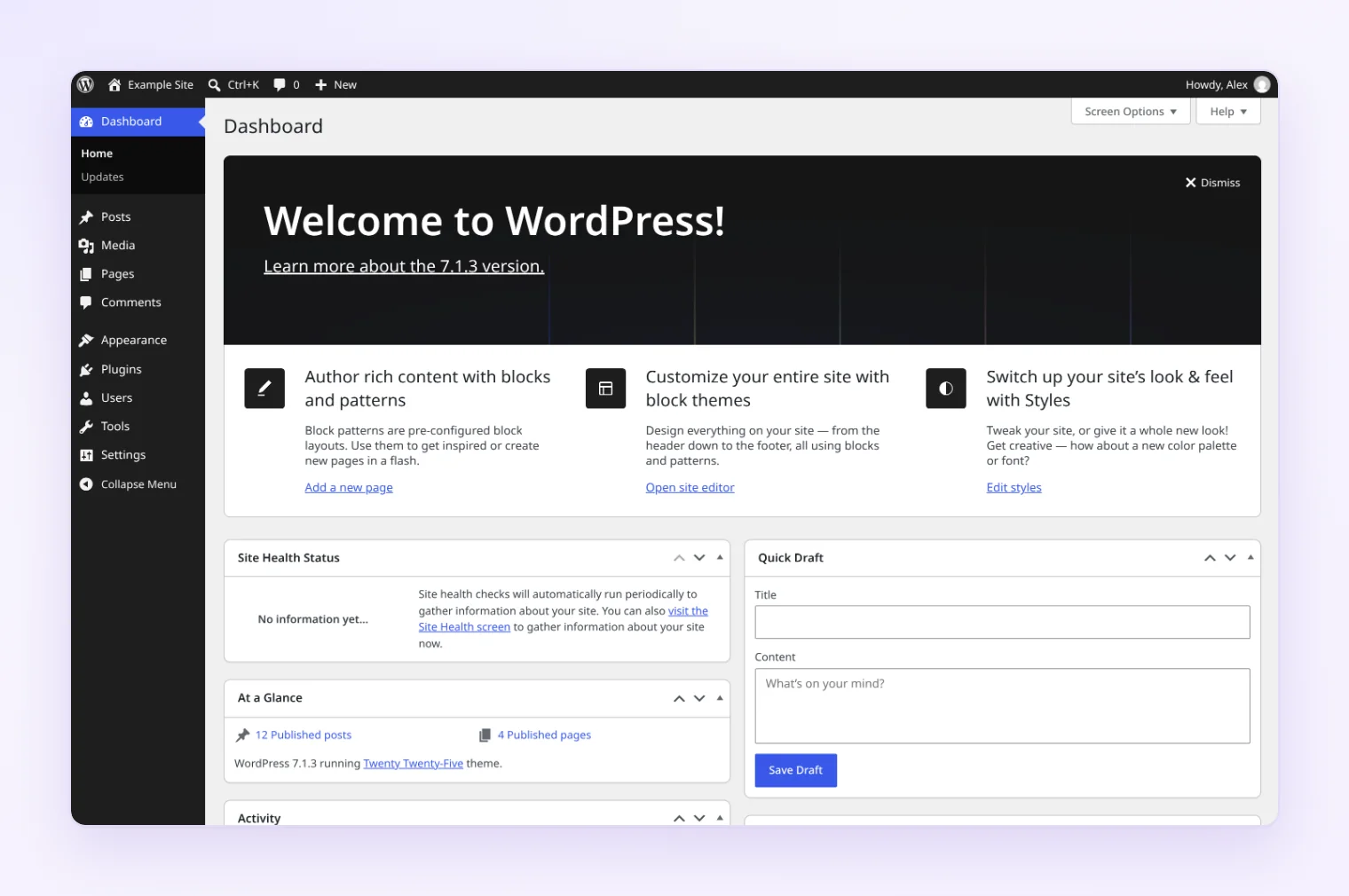 Fresh WordPress dashboard with default widgets and no visitor statistics anywhere