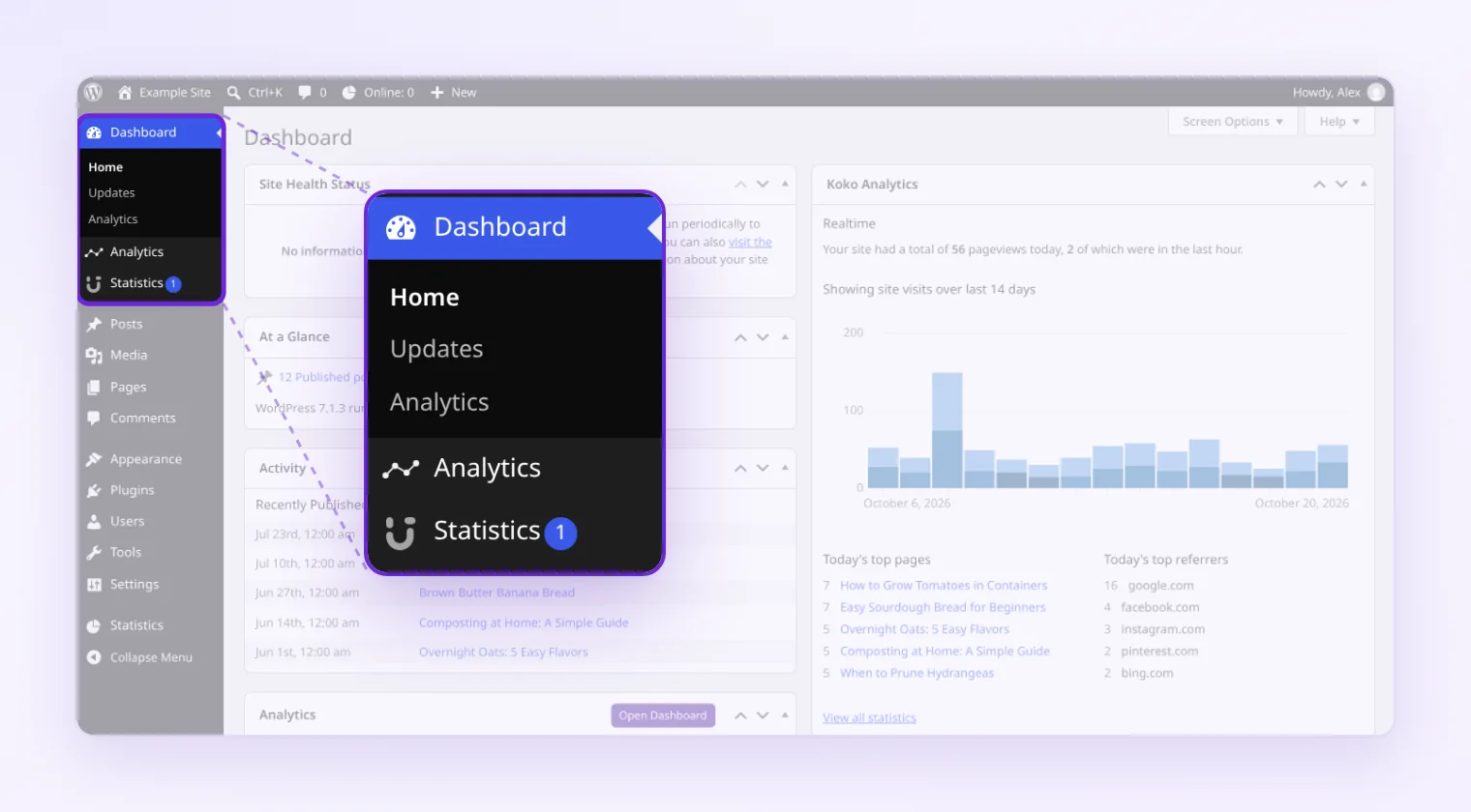 WordPress admin menu with Koko, Independent Analytics and Burst analytics entries highlighted